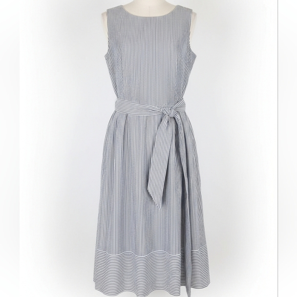 Anne Klein Dresses & Skirts - Anne Klein Gray and White Striped Seersucker Midi Dress Size 14